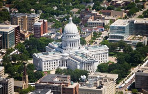 Wisconsin State Capital on a clear summer day. Aerial photo.